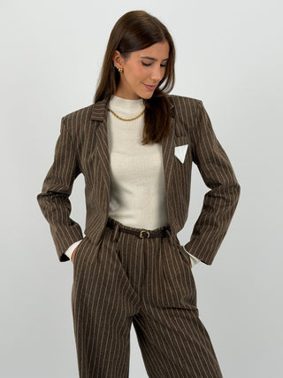 Tailleur con Blazer Cropped Gessato Marrone