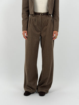 Tailleur con Blazer Cropped Gessato Marrone