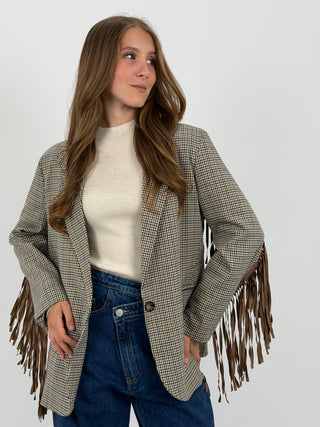 Blazer a Quadretti con Frange