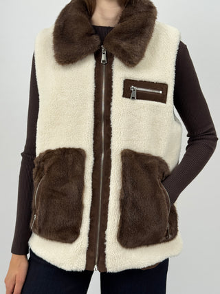Gilet in Pile con Inserti in Pelliccia Bianco