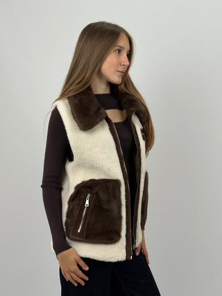 Gilet in Pile con Inserti in Pelliccia Bianco