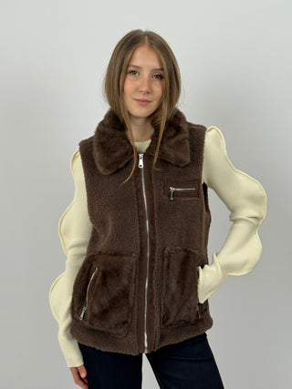 Gilet in Pile con Inserti in Pelliccia Marrone