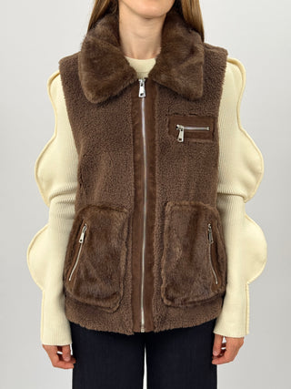 Gilet in Pile con Inserti in Pelliccia Marrone