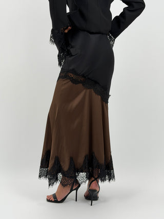 Gonna Lunga Marrone in Satin con Pizzo Nero