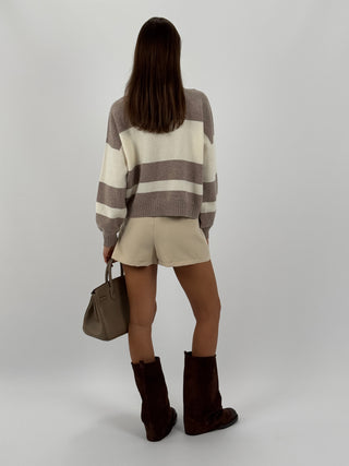 Skort a Pieghe con Cintura Crema