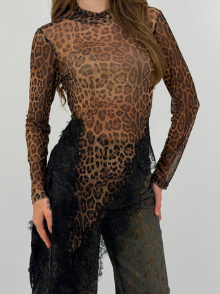 Maglia Lumina Asimmetrica Leopardata in Tulle con Pizzo