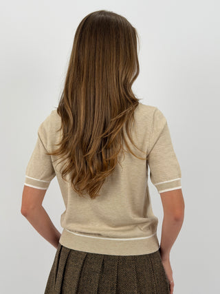 T-Shirt in Maglia con Bordi a Contrasto Beige