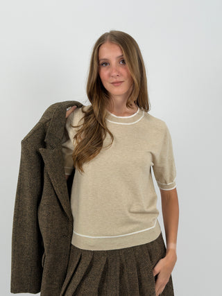 T-Shirt in Maglia con Bordi a Contrasto Beige