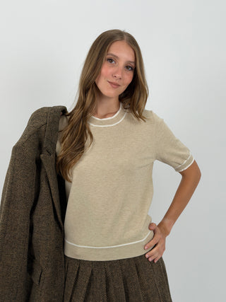 T-Shirt in Maglia con Bordi a Contrasto Beige