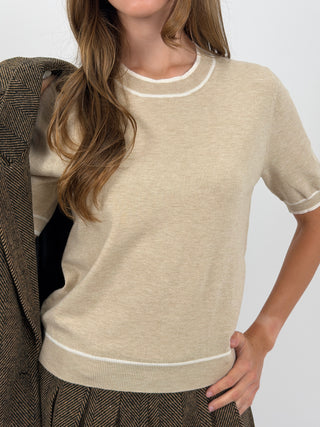 T-Shirt in Maglia con Bordi a Contrasto Beige
