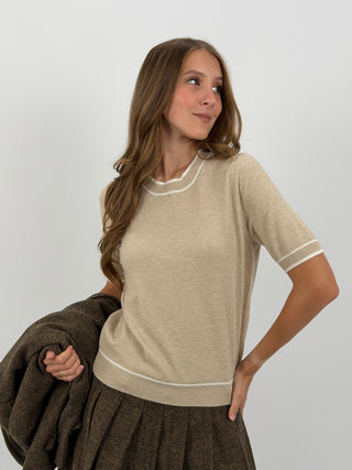 T-Shirt in Maglia con Bordi a Contrasto Beige