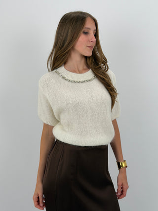 Maglia in Mohair con Dettagli Gioiello Bianca