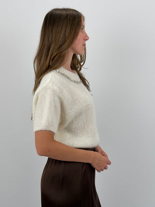Maglia in Mohair con Dettagli Gioiello Bianca