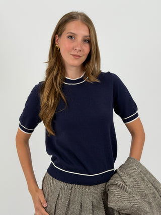 T-Shirt in Maglia con Bordi a Contrasto Blu