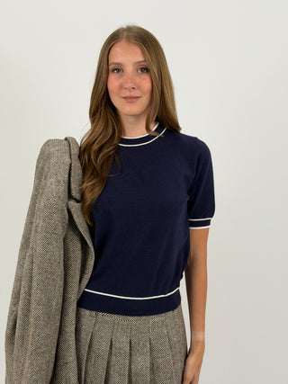 T-Shirt in Maglia con Bordi a Contrasto Blu