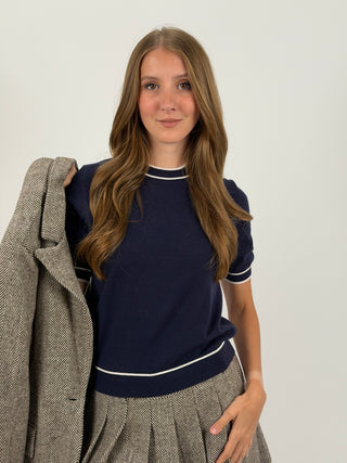 T-Shirt in Maglia con Bordi a Contrasto Blu