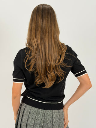 T-Shirt in Maglia con Bordi a Contrasto Nera