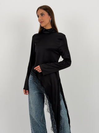 Maglia Lumina Asimmetrica con Pizzo Nera