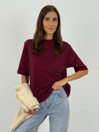 T-Shirt in Cotone con Manica Ampia Bordeaux