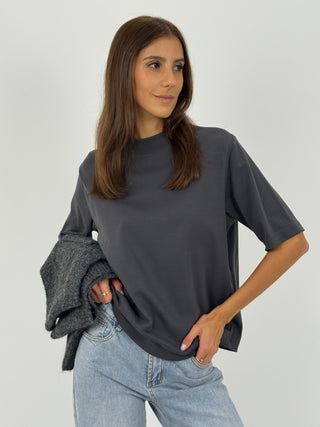 T-Shirt in Cotone con Manica Ampia Antracite