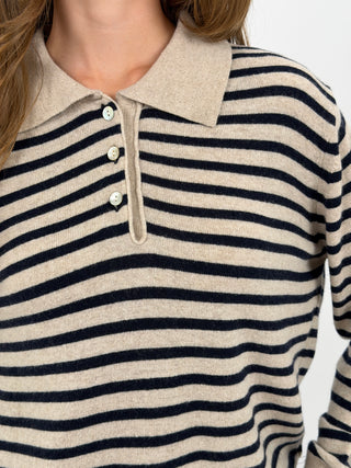 Maglione a Polo Beige a Righe Blu