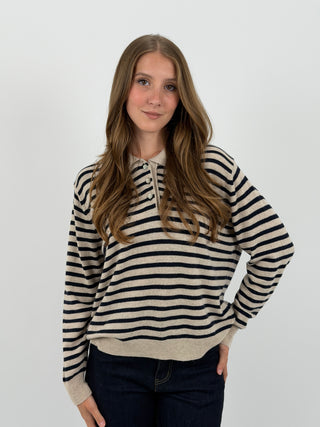Maglione a Polo Beige a Righe Blu