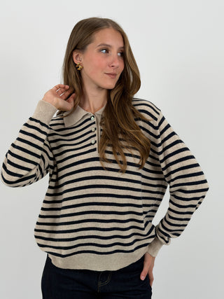 Maglione a Polo Beige a Righe Blu