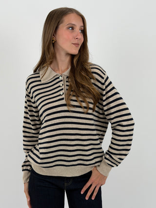 Maglione a Polo Beige a Righe Blu