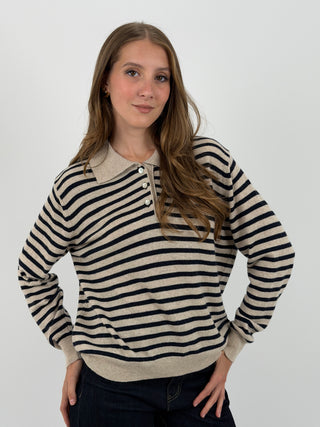 Maglione a Polo Beige a Righe Blu