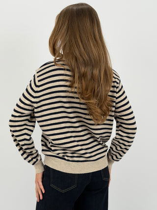 Maglione a Polo Beige a Righe Blu