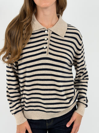Maglione a Polo Beige a Righe Blu