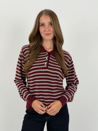 Maglione a Polo Bordeaux a Righe Grigie