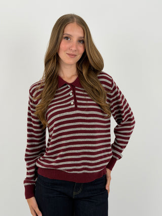 Maglione a Polo Bordeaux a Righe Grigie