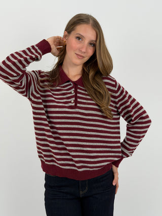 Maglione a Polo Bordeaux a Righe Grigie