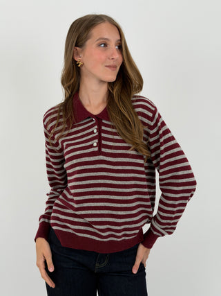 Maglione a Polo Bordeaux a Righe Grigie