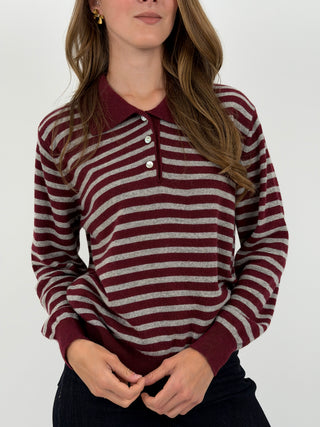 Maglione a Polo Bordeaux a Righe Grigie