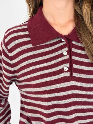Maglione a Polo Bordeaux a Righe Grigie