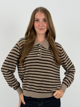 Maglione a Polo Taupe a Righe Marroni