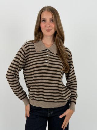 Maglione a Polo Taupe a Righe Marroni