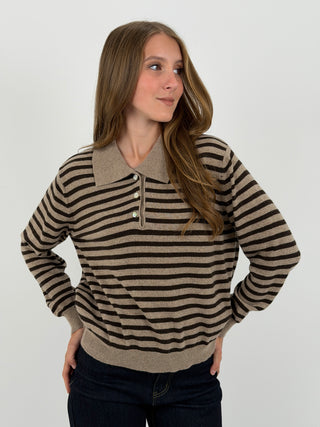 Maglione a Polo Taupe a Righe Marroni