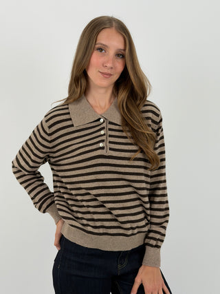 Maglione a Polo Taupe a Righe Marroni