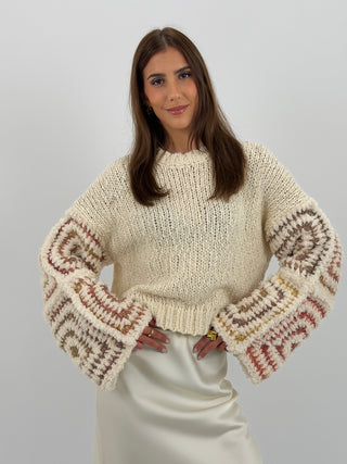 Maglione con Maniche Ricamate Burro