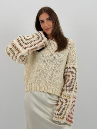 Maglione con Maniche Ricamate Burro