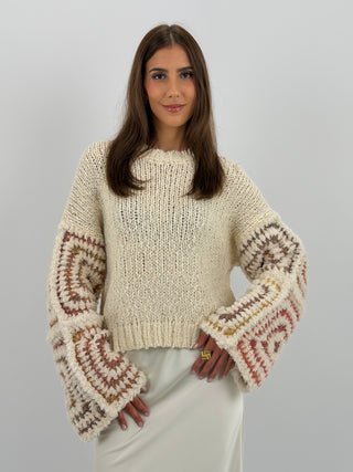 Maglione con Maniche Ricamate Burro