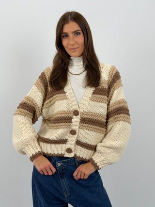 Cardigan Lavorato a Righe Beige e Marrone