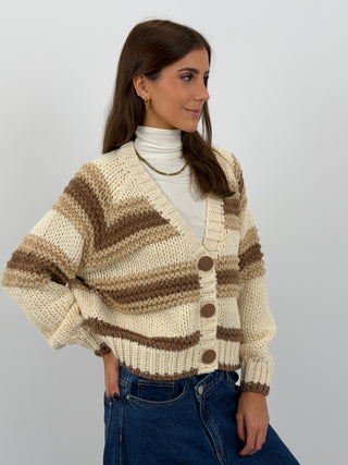 Cardigan Lavorato a Righe Beige e Marrone
