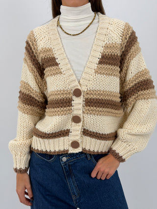 Cardigan Lavorato a Righe Beige e Marrone
