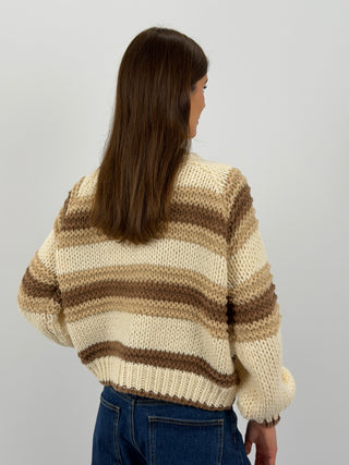 Cardigan Lavorato a Righe Beige e Marrone