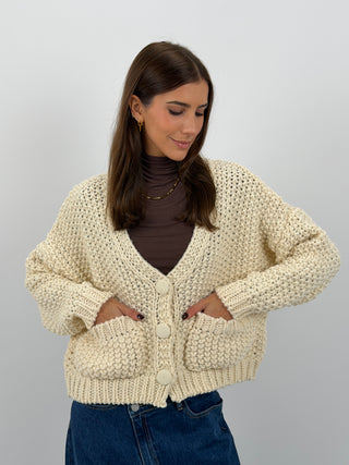 Cardigan Lavorato con Tasche Burro