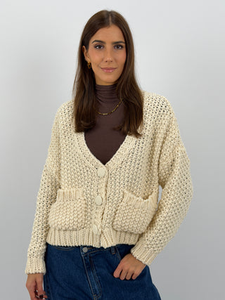 Cardigan Lavorato con Tasche Burro